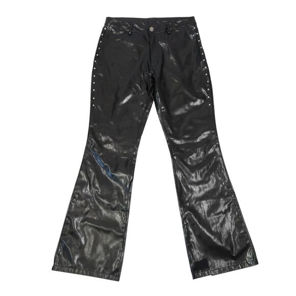 Vintage Y2K Cyber Generation Black Faux Leather Studded Flare Pants 5 - Picture 1 of 6
